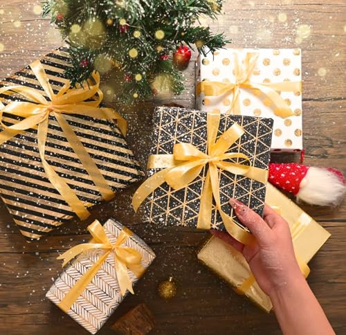 Ulikey Carta Regalo Oro Nero, Set di 5 Rotoli, 43cm x 300cm, con Nastro, Design Lucido, Riutilizzabile, per Compleanni, Natale e Regali