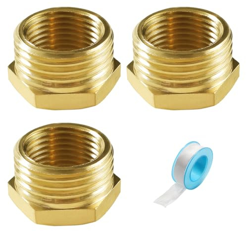 Lyeteung 3 PCS G1/2 Male Thread to G3/8 Female Thread Brass Reducer Bushing Connector, Brass Reducer Adaptor, Brass Hex Bushing Reducer Connector with Raw Material Tape, for Pipe Connecting Conversion
