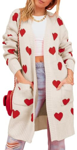 Felcia Women's Oversized Long Cardigan Elegant Heart Print Open Front Valentine Sweater Casual Loose Outerwear with Pockets Streetwear (A-Apricot, XL)