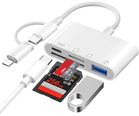[Apple MFi Certified] 4 en 1 Lecteur Carte SD pour iPhone iPad, Adaptateur Cartes SD USBC Lightning vers SD/Micro SD/USB/Charging, Lecteur de Carte Mémoire pour iPhone 16 15/iPad/Samsung/Caméra