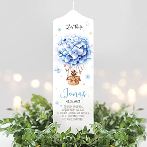 Wandtattoo Loft Taufkerze Jungen Taufspruch, Motiv Heißluftballon aus blauen Blumen, 25cm x 8cm, personalisierte Kerze, bedruckte Kerze zur Taufe, Stumpenkerze, Geburtskerze, Taufgeschenk