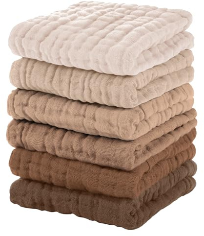 Unnivoll Panni in mussola per bambini, 100% cotone, quadrati, essenziali per neonati, ragazzi, ragazze, grandi, 30 x 30 cm, extra morbidi e assorbenti, confezione da 6, colore caffè sfumato