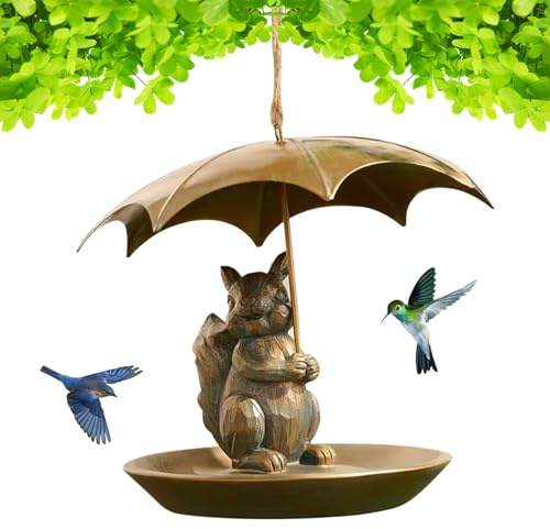 Animal Bird Feeder with Umbrella - Cute Squirrel/Cat/Dog Holding Umbrella Design Bird Feeder - Metal Hummingbird Feeders for Garden Yard Decor, for Birds Lovers Men Women Gifts (Squirrel)