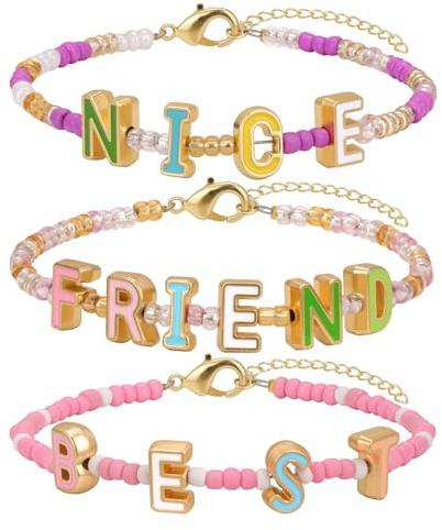 Risyfjew Freundschaftsarmbänder für Damen, bunte Perlen, BFF, Emaille, Buchstaben-Armband, niedlich, dehnbar, stapelbar, adrette, ästhetische Sachen, Sommer, Boho, Y2K, Schmuck-Set, 3 Stück, 7in, Kein