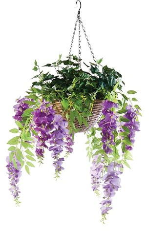 Coopers of Stortford - Artificial Ivy and Wisteria Hanging Basket - All-Year-Round Faux Flowers, Maintenance-Free with Basket Included - Durable Plastic and Fade-Resistant Polyester