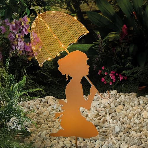 Coopers of Stortford - Girl with Sparkling Lights Umbrella Stake - Rust-Effect Garden Ornament - Warm White LED Lights - Auto Timer 6hrs On/18hrs Off - H60.5 x W32 x D1cm