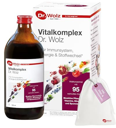 Dr. Wolz Vitalkomplex 500 ml Kombipaket mit Obst- und Gemüsenetz – 95 Zutaten, Vitamine, vegan