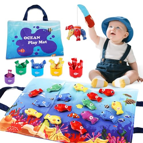Verdantree Toddlers Montessori Toys for 1 Year Old Boys Girls, 22 pcs Fishing Game Soft Play for Baby 1-3 Ages 12-36 Mons Counting, Color Sorting, Stacking, Shape, Letter Learning Gifts (Fish style)