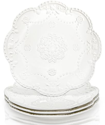 Tebery Set of 4 Ceramic Dinner Plate, 10.5 Inch Large Embossed Lace Salad Serving Plates, Elegant Appetizer Dessert Dishes for Wedding, Party, Restaurant, Kitchen, Microwave Dishwasher Safe, White