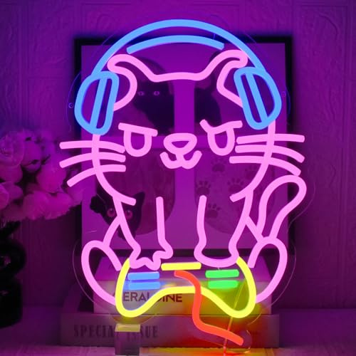 UExnkj-Y Gaming Katze Neon Schild Led Spiel Neonlicht Cat Game Leuchtreklame USB Dimmbare Gamer Neonschilder für Schlafzimmer, Spielzimmer, Katzenliebhaber und Gamer im Teenageralter