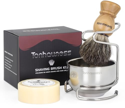 Tonhawness rakborste kit för män, 4-i-1 rakborste set inkluderar ren grävling rakborste, raktvål och rostfritt stål rakskål och stativ för mäns frisör rakningsgåva