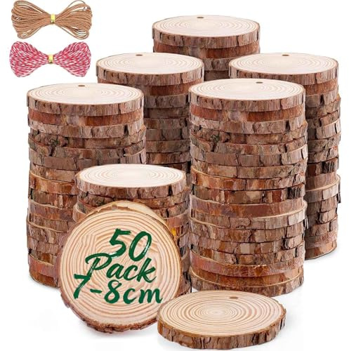 50 pcs Rondin de Bois Naturel 7-8cm avec Corde de 10 mètres, Craft Disques en Bois, Tranche de Bois, Découpe Parfaite pour Le processus de Bricolage Cadeau décoration