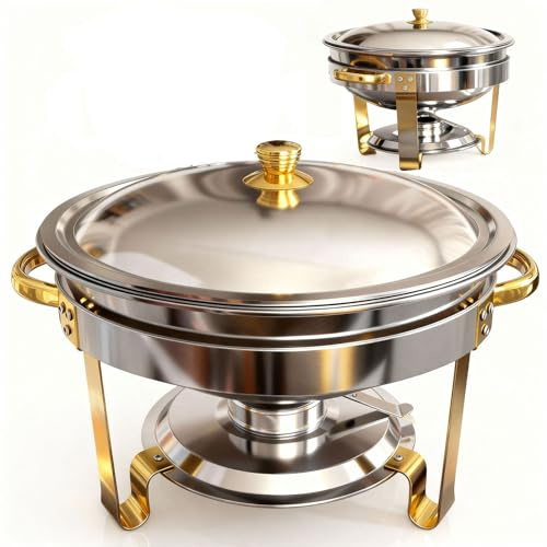 Chafing Dishes for Buffet 2 Pack, 5QT Round Chafing Dish Buffet Set Stainless Steel Gold and Silver Chafing Dishes, Complete Buffet Warmer for Catering Events Parties Dinners