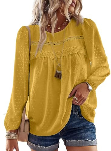 TUUHAW Ropa de Mujer Boho Manga Larga Camiseta Otoño con Cuello Redondo Encaje Informal Túnica Suelto Punto Suizo Casual Blusa Estilo Retro Bordado Invierno Color Sólido T-Shirts Amarillo M