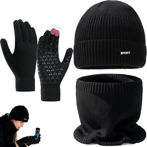 Atsmoce 3 in1 Winter Mütze Schal Handschuh-Set, Herren Strickmütze Beanie, Wintermütze mit Touchscreen Handschuhe Winterschal, Weicher Stoff mit guter Wärmeisolierung