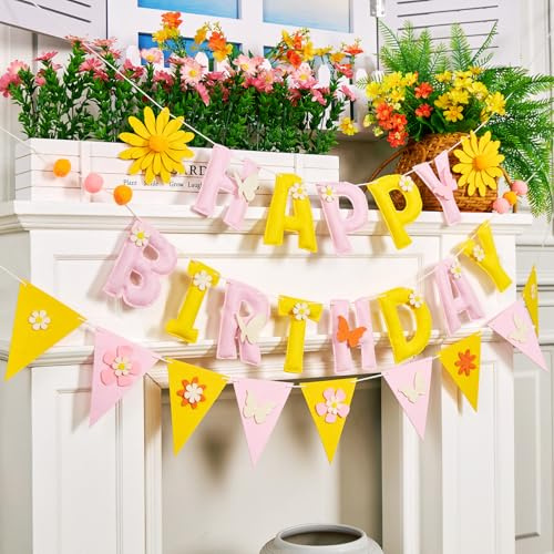 SUNBEAUTY Happy Birthday Banner with Daisy,Pink Bunting 3D Felt Happy Birthday Garland with Pom Pom Butterfly DIY Stickers Wildflower Decorations Photo Prop for Baby Shower Spring Party