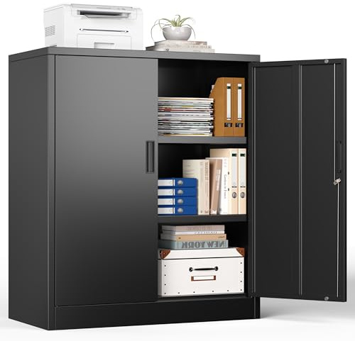Metal Storage Cabinet, Office Storage Cabinet, Black, 90*80*40cm | Metal Garage Cabinet with 2 Adjustable Shelves, Locking Storage Cabinets for Garage, Home, Office, Pantry, Assembly Required