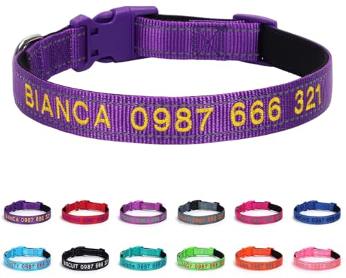 Yonsbox Personalisiertes reflektierendes Hundehalsband aus Nylon – Besticktes Hundehalsband mit Name & Telefonnummer, weich gepolstert, langlebig & sicher für Hunde