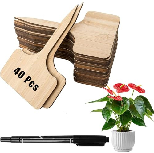 41Pcs Bamboo Plant Labels Wooden Tag T-Type Markers. Plant Tags are Used for Garden Potted Seed Vegetables Herb and Flower Outdoor (40PCS Labels 1PCS Marker Pen)