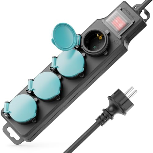deleyCON Regleta Exterior 4 Tomas - con Interruptor - IP44 con 5m Cable - Base Múltiple para Exterior 4X Conexiones con Tapa - Ideal para Jardín Terraza Balcón Sótano Garaje