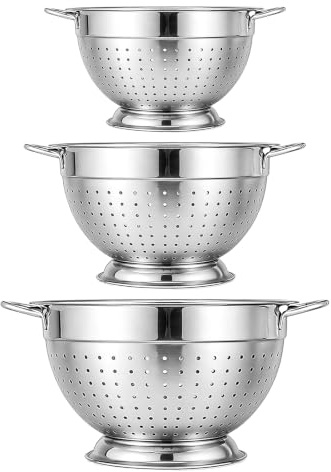 3PCS Stainless Steel Colander Set, Food Strainer with Handle & Round Base | Strainer Basket, Perfect for Washing Pasta, Vegetable, Fruit, Meat and Rice (18+20+22cm)
