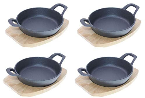 TAMLED SET Servierpfanne Ø 15,5 cm mit Holzbrett 4 Stück