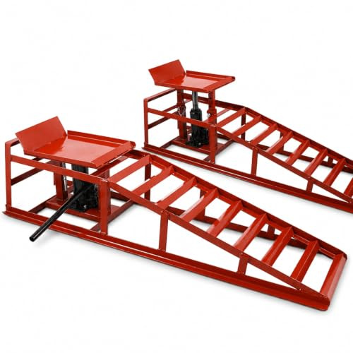 BITUXX® 2 Stück Auto PKW KFZ Auffahrrampen Set mit Wagenheber hydraulisch Höhenverstellbar Wartungsrampe Hebebühne Rampe Auffahrrampe Auffahrbock in Rot