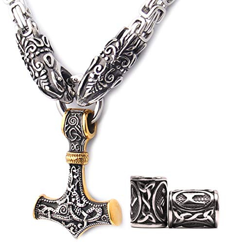 GUNGNEER Viking Mjolnir Thor Hammer Necklace Mixed Gold Pendant With Square Fenrir Wolf Byzantine King Chain Mixed Gold Stainless Steel Norse Viking Jewelry Men
