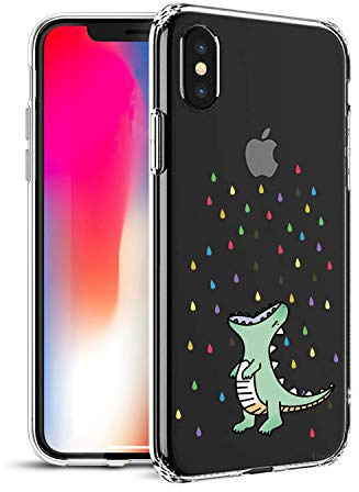 Unov Hülle für iPhone XS/X, Hülle Klar mit Motiv, Regenbogen Dinosaurier | Transparente Schlank Guter Halt, Rutschfest Prägung Muster, Stoßfest Schützende, Erhöhter Kameraschutz, Kratzfest Weich TPU