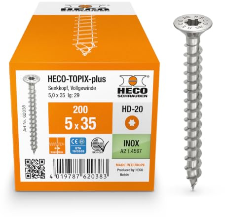 HECO-TOPIX-plus Holzschraube 5 x 35, Senkkopf mit Frästaschen, HECO-Drive, HD-20, variables Vollgewinde, Edelstahl A2, 200 Stück