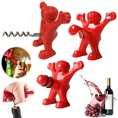 3 Stück Weinflasche Stopper Set, Bierflasche Opener, Wein Falschenöffner, Weinflasche Korkenzieher Flaschenverschlüsse, Lustiger Glücklicher Roter Mann Flaschenöffner Bierflasche Opener