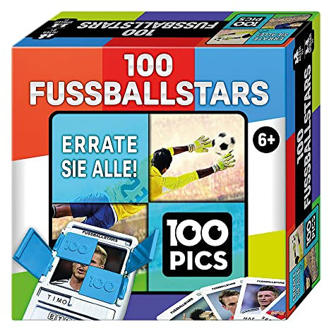 100 PICS 20208047 Quizspiel Fussballstars, Lernspiel für die ganze Familie, Brainteaser, Reisespiel für Erwachsene und Kinder ab 6 Jahren