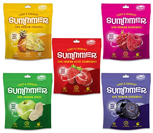 Summmer Frystorkad krispig fruktmix – 12 mellanmålspaket (9 x 11 g 2 x 13 g 1 x 20 g) – jordgubbe hallon surkörsbär äpple ananas mango banan blåbär – inget tillsatt socker mellanmål för barn och vuxna