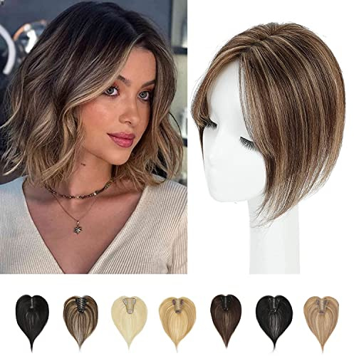 Haaraufsatz für dünner werdendes Haar, Echthaarteile für Damen, Echthaar-Topper für zusätzliches Haarvolumen, Schweizer Basis-Clip-in-Haarverlängerung, 25,4 cm (Mittelbraun gemischt)