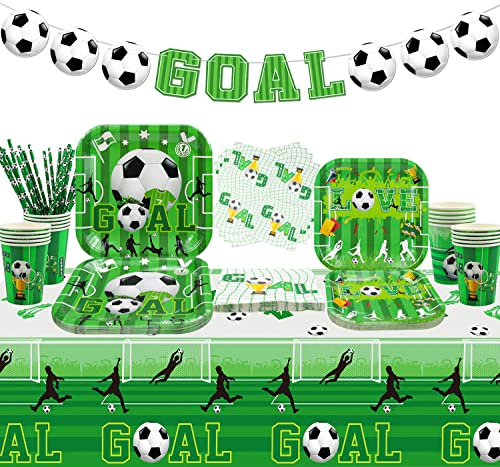 Hegbolke Fußball Party Dekorationen - Inklusive Fußball Element Banner, Teller, Servietten, Tassen, Tischdecke, Fußball Geburtstag Zubehör für Kinder und Fußball-Fans - Für 20 Personen, GTZ071