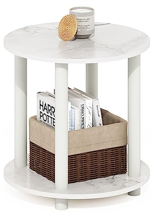 Furinno TURN-N-TUBE Side Table, 2-Tier Small Round End Table with Open Shelf, Toolless Assembly Night Stand, Bedside Table, for Living Room, Bedroom, Marble White