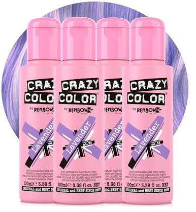 Crazy Color Lavender Purple Hair Dye Quad 400ml | Pastel Semi Permanent, Highly Pigmented Conditioning & Oil Nourishing Vegan Formula | No Bleach or Ammonia