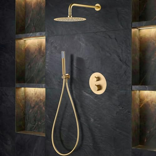 IMEX - Ducha Empotrada Termostática Dorada | Conjunto de Grifería Empotrado con Alcachofa y Rociador Antical Efecto Lluvia | Ducha Empotrada con Grifo en Latón y Acero Inox S.304 | Serie Génova