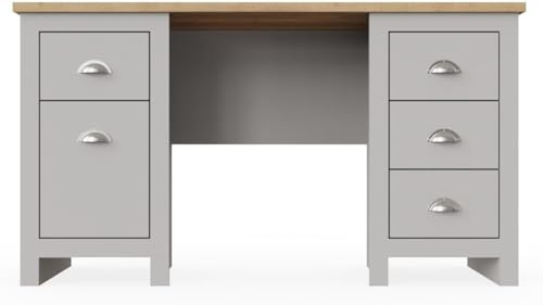 Timber Art Design UK Lisbon Grey Double Pedestal Study Desk, Laptop Computer Desk with 4 Drawers with Cupboard Modern Storage Organizer Unit for Bedroom Hallway Living Room Office 40D x 135W x 75H cm