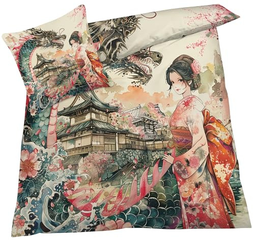 YELDAN Bettwäsche 155x220 Drachen Mädchen, Japanische Bettbezug, Bettwäsche-Sets 3 teilig, Weich & Bügelfrei Mikrofaser Wendebettwäsche und 2 Kissenbezug 80x80 mit Umschlag