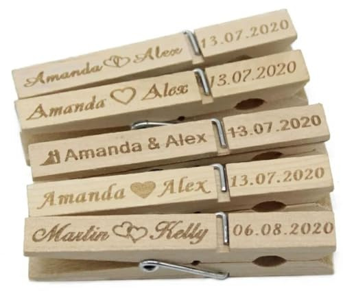 HERSTL Personalisierte Mini-Wäscheklammern aus Holz mit Gravur, 50 Stück, Hochzeitsdekoration, Rustikal, Kiefernholz