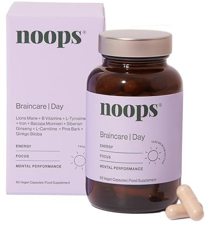 Noops Nootropics BrainCare Day Focus & Energy - Lion's Mane, Ginkgo Biloba, L-Tyrosine, L-Carnitine, Pine Bark, Bacopa, B Vitamins, & Ginseng Supplement, Nootropic Memory Enhancer, 60 Capsules