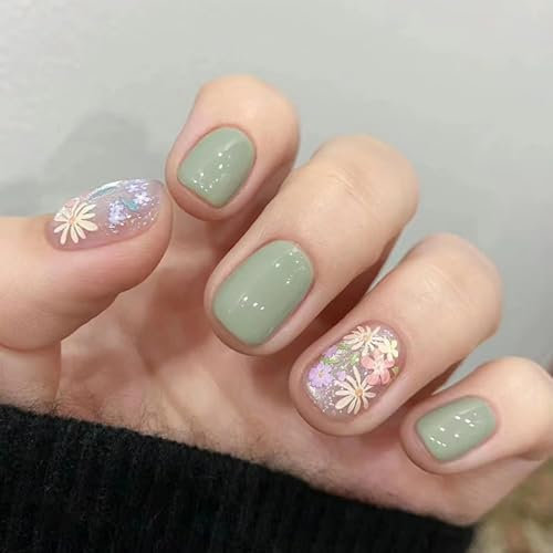 Aikeis 24 pièces Pastorale Fleurs Ongles Pressés Court Français Faux Vert Clair Motif Floral Femmes