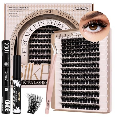 LASHVIEW W03 Wimpern Extensions Kit, 168 Pieces Cluster Lashes, D Curl Volume Künstliche Wimpern mit Wimpernkleber, Versiegelung, Entferner, Applikator, DIY Wimpern Selbst Stylen (9-16 mm Mix)