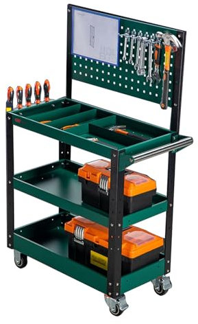 YCOVSFP Allzweck-Servicewagen, 3-stöckig, Rollbar, 150 Kg, Mit Rädern, Mit Stecktafel for Schraubendreherhalter, Servicewagen for Werkzeug-Organizer In Lager, Fabrik, Garage(Green)
