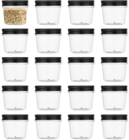 4 Ounce Clear Plastic Mason Jars With Screw On Lid, Reusable Empty Jars for Food Storage, Round BPA Free Containers for Sealing, Dry Food, Snacks, Candies, Breakage-proof (Black, 20 Pack 4 Ounce)