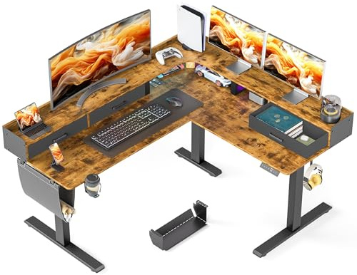 WALKINGDESK L-förmig Höhenverstellbarer Schreibtisch Elektrisch, 160 x 140 cm Eckschreibtisch Höhenverstellbar mit 3 Schubladen, Steh-Sitz Computertisch für Office Büro Gamer, Rustikales Braun