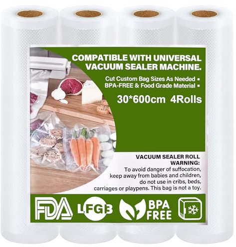 GIBOHOM Sacchetti Sottovuoto Alimenti 30 x 600 cm, 4 Rotolo Sottovuoto Alimenti 150 µm Senza BPA Resistente Agli Strappi, Goffrato Buste Sottovuoto Alimenti per Macchina Sottovuoto, Cottura Sous Vide
