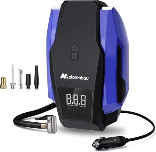 Motorenbau Gonfleur Pneus Voiture, Compresseur à Air Portatif 12V 150PSI, Gonfleur Pneu Voiture, LCD Affichage en Temps Réel, Pression Préréglée, Arrêt Automatique pour Voitures,Motos,Vélos et Balles