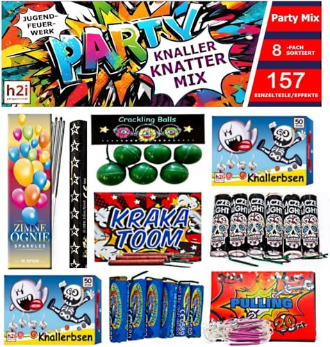 h2i Knatter Mix 1 F1 – 157‑teiliges Ganzjahresfeuerwerk | 8‑Fach Sortierung mit Knattereffekten, Bodenwirbeln, Crackling, Wunderkerzen & Knallerbsen | CE‑zertifiziertes F1‑Set ab 12 Jahren